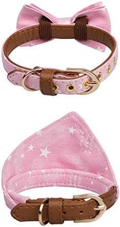 Small Dog Collar Set, 2Pcs Puppy Cat Collar with Bow Tie & Bandana, Durable PU Leather Canvas Tiny Pet Scarf for Small Breed Pets Pink Stars