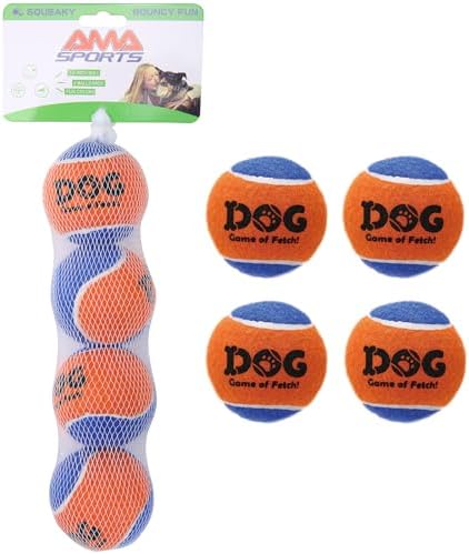AMA SPORT Squeaky Tennis Balls for Dogs 2.5" Small Medium Dog Tennis Balls for Throwing and Fetching Dog Toys for Training, Exercise, High Bouncing 4 Pack (Orange Blue)
