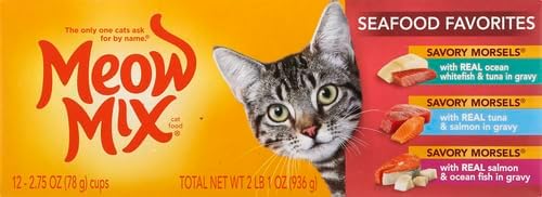 Meow Mix Seafood Favorites Chunks in Gravy Wet Cat Food Variety Pack, 2.75 Ounce (Pack of 48)