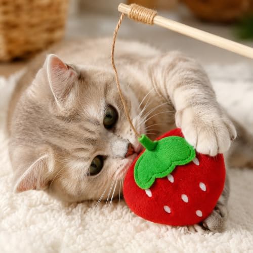 LUOZZY Interactive Strawberry Cat Wand Toy Catnip Plush Teaser Stick