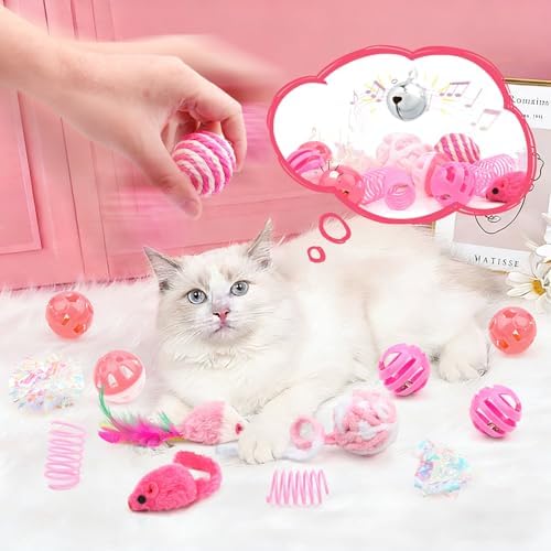 QUOZUO 16Pcs Cat Toy Set Pink Kitten Toys Pack Including Feather Teaser Interactive Wand Cat Springs Mice Crinkle Balls and Pet Bell Balls Toys for Bored Indoor Cats, Gift Box Styles (Pink)