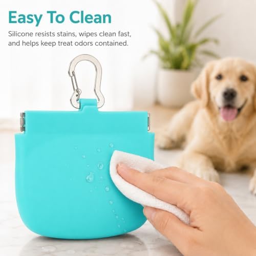 Silicone Dog Treat Pouch for Pet Training One-Hand Access One Cup Silicone Treat Bag with Pull Tab and Auto Closing Lid Treat Pouches for Leash(Color: Cyan)