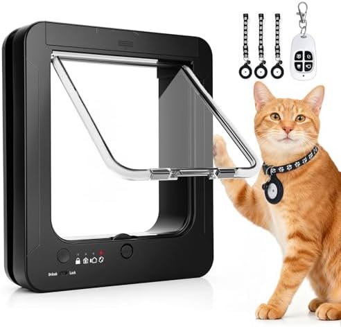 Smart Cat Door for Interior & Exterior, Cat Pet Door with 3 Collar Sensor Keys & 1 Remote Control & 4 Way Locking Cat Flap with RFID Collar Activated Opening SmartPetDoor