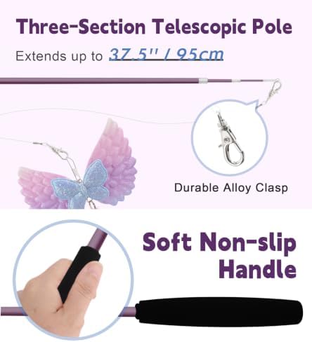 SONGWAY Interactive Cat Wand Toy Set - Retractable Cat Teaser Wand with 8 Cat Toy Attachments, Dragonfly Butterfly Bird Mouse Yarn Ball Tassel Feather Cat Toy Refills for Indoor Cats Kittens, Purple