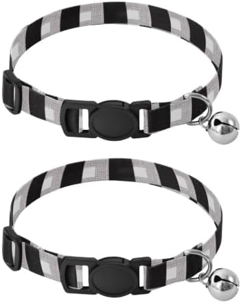 Black White Buffalo Plaid Squares Decorative Pet Collar with Bell 2 Pack Kitten Collars Adjustable Length 10.6" to 17.1"