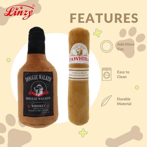 Linzy 2-Pack Whisky/Cigar Plush Dog Toy, Soft Squeaky Chew Toy for Small Medium Large Dogs, White, Interactive Pet Toy, 7 Inch