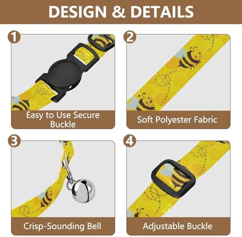 2 Pack Dog Collar Yellow Honeycomb Cartoon Cat Collar Breakaway with Bell, Adjustable Length 10.6" to 17.1"