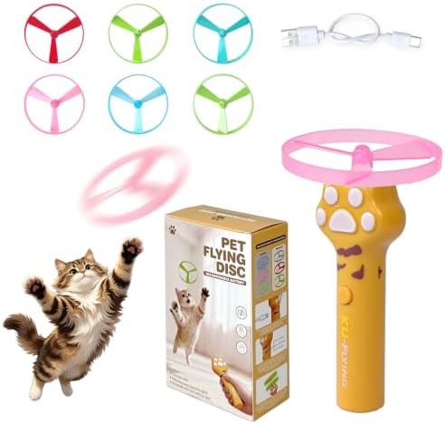 LED Glowing Cat Fetch Toy Launcher, USB Rechargeable Electric Flying Disc Toy with Soft Spinner Discs, Interactive Tracking Hunting Toy for Indoor Outdoor Kitten & Dog Daily Play(Yellow)