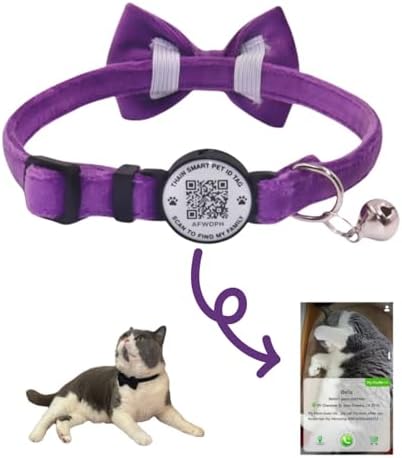 THAIN Personalized Cat Collar with Bell and Bowtie Breakaway QR Code Name Smart ID tag Quick Release Soft Comfortable Collar for Cats and Kittens (Purple)