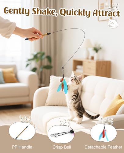 Pawaboo Cat Feather Wand Interactive Toy, 2 Feathers + 1 Wand with Bell
