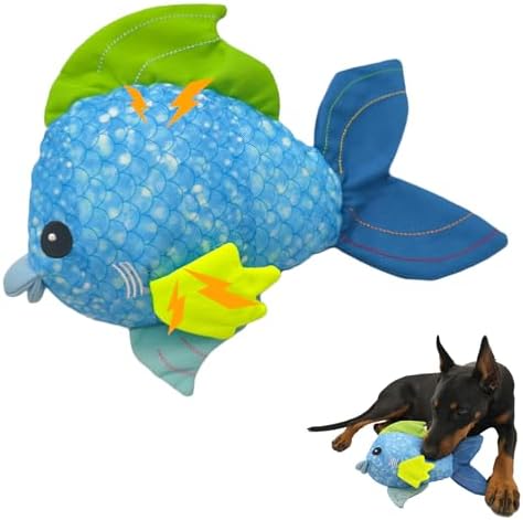 10.63" Recycled Canvas Fish Squeaky Dog Toy, Durable Stuffed Chew Toy for Puppy Teething, Interactive Play for Small Medium Large Dogs, Blue