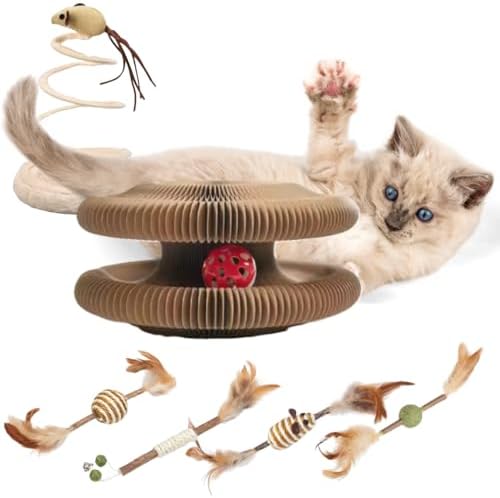 Interactive Cat Toy & Scratcher for Indoor Cats – Foldable Cardboard Cat Scratcher with Spring Toys, Feather Balls & Interactive Play Tower – Kitty Kurlz Enrichment Toy for Kittens and Adult Cats