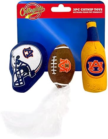 BEST PLUSH CAT TOY - NCAA AUBURN TIGERS Complete Set of 3 piece Cat Toys filled with Fresh Catnip. Includes: 1 Helmet Cat Toy, 1 Football Cat Toy with Feathers & 1 Beer Bottle. Beautiful Team LOGOS