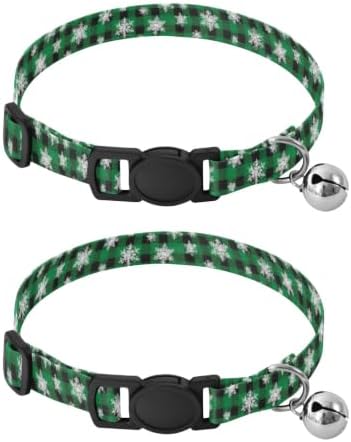 Snowflakes Green Buffalo Plaid Cat Collars with Bell 2 Pack Kitten Collars Adjustable 10.6 to 17.1 Inches