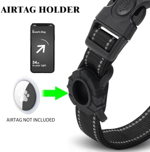 JSXD AirTag Dog Collar, Night Reflective Nylon Dog Collar for Small Medium Large Dogs,Lockable Quick Release Buckle,Padded Breathable Pet Collar with AirTag Holder (Black, Medium)