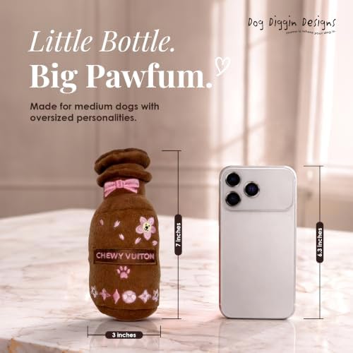 Dog Diggin Designs Chewy Vuiton Brown Blossom Pawfum Plush Dog Toy Bottle | Luxury-Inspired Parody Designer Perfume Bottle with Squeaker, Soft Plush Fashion Dog Toy – Prêt-à-Porter Play!