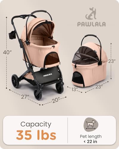 Pet Stroller with Detachable Carrier for Small & Medium Dogs & Cats, Smooth Comfort Ride with Shock-Absorbing Suspension, Foldable Dog Stroller, Compact Storage (Peach Pink)
