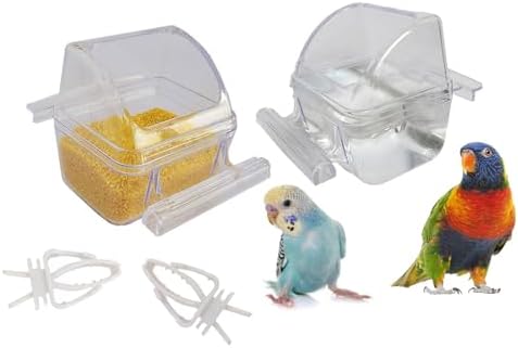 2 Pack Bird Feeders for Cage No Mess Parakeet Food Bowl with Cover Clear Hanging Parrot Water Dispenser Perch Cup Waterer Bird Dishes Seed Cage Cups Slot Replacement Feeder Bowls