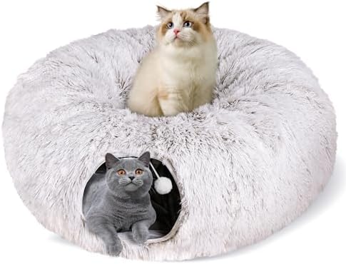Peekaboo Cat Cave with Washable Mat, Collapsible Cat Play Tunnel for Kittens & Small Pets, Plush Cat Donut Bed Tunnel, Brown