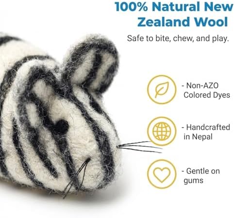 Glaciart One Felt Mouse Cat Toy – Soft Fuzzy Enrichment 100% Natural Wool - Interactive Catnip Play Cat Toy Set - Safe for Pets, Non-AZO Colored Dyes - 100” Long