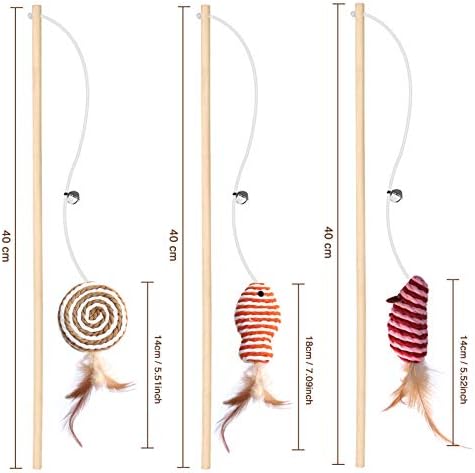 KABB Cat Toys for Indoor Cats, 3pcs 16 Inch Natural Wood Cat Teaser Wand Toy with Teaser Refills for Cat Kitten Having Fun Exerciser Playing, Bonus 5pcs Catnip Sticks for Cat Teeth Cleaning
