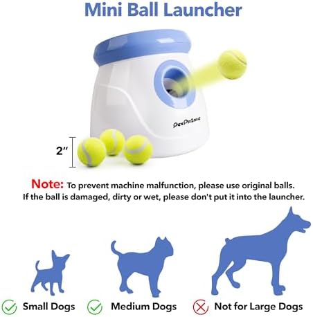 PetPrime Dog Automatic Ball Launcher Dog Interactive Fetch Toy Pet 2'' Thrower Throwing Game 3 Tennis Balls Tennis Mini Size Ball Launcher for Dogs Included Launch Distance 10-30ft