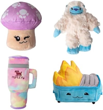 Snugarooz Plush & Crinkle Carnival Bundle for Medium Breeds – Magic the Mushroom, Dumpster Fire, Young Yeti & Pupley – Soft, Squeaky & Sensory Toy Play Pack