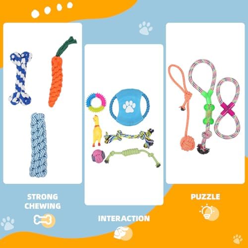 Dog Teething Chew Toys - 12 Pack Small Medium Breed Puppy Toy, Variety Dogs Rope Chew Toys Bundle for Boredom,Pet Interactive Squeaky Toys. Indestructible Cotton Puppy Teething Chew Tug Toys