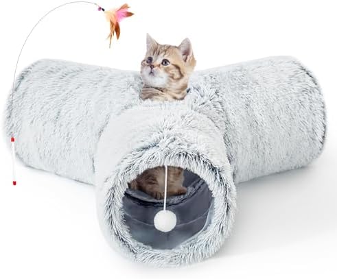 Tempcore Plush Cat Tunnel, 3-Way Collapsible Toy for Indoor Cats, Grey