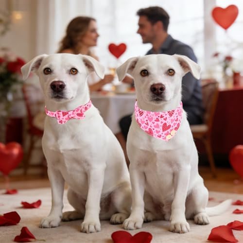 KOOLTAIL Cute Small Dog Collar and Leash Set with Bowtie and Bells,Puppy Bandana Collar and Leash for Girls with Pink Heart Pattern,Soft Leather Tangle Free Leashes for Small Dogs,Cats