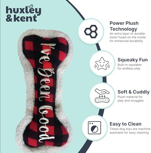 Huxley & Kent Funny Dog Toy w/Squeaker – Holiday Power Plush Squeaky Dog Toys for Small, Medium & Large Dogs – Soft Stuffed Animal for Indoor Play & Fetch - I've Been Good Bone, Small
