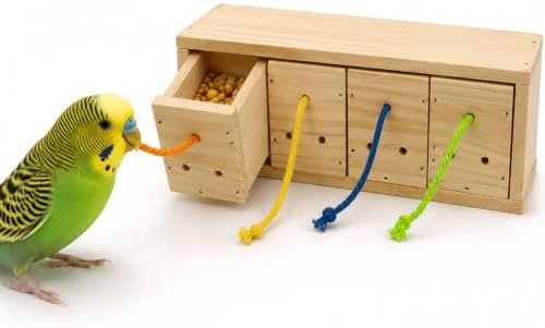 Bird Foraging Toys, Wooden Bird Foraging Box with 4 Compartments, Interactive Parrot Puzzle Toy for Treat Dispensing and Natural Enrichment, Parakeet, Cockatiel, Lovebird and Conure Cage Accessories