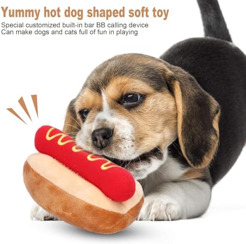 Zerodis Dog Squeaky Plush Puppy Toys, Hot Dog Shape Detachable Soft Plush Dog Toy Cute Interactive Dog Toys Chew Toys for Small Medium Dogs
