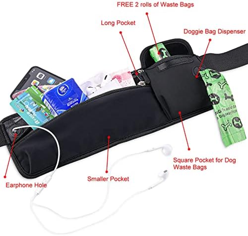 Dog Walking fanny pack waist Bag/Pouch/Belt Dog Treat Training Waist Belt Storage pack Cellphone Holder Storage Pocket Waste Bag Dispenser reflection strips FREE 30 poop bags (All Black)