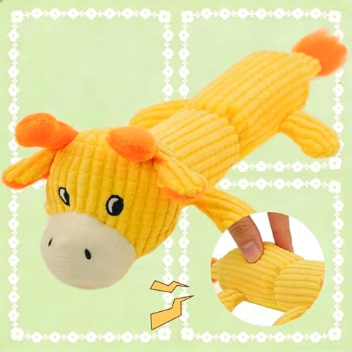 Squeaky Dog Toy No Stuffing with 2 Squeaker Body, Plush Cow Animal Interactive Chew Dog Toy for Small Medium Large Dogs