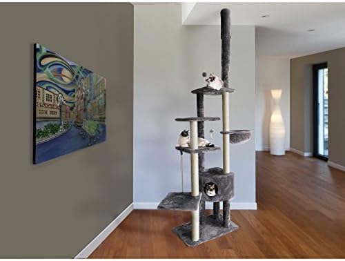 Furhaven 100"-113" Tall Cat Tree for Indoor Cats w/ Adjustable Height, Ft. Sisal Scratching Posts, Condo, & Toys - Tiger Tough Skyscraper Interactive Playground Tower - Gray, One Size
