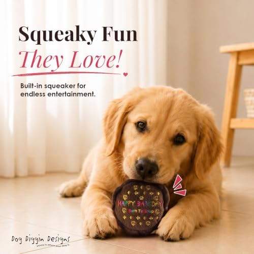 Dog Diggin Designs Chewy Vuiton Barkday Cake Plush Dog Toy | Luxury-Inspired Parody Designer Cake with Squeaker, Soft Plush Celebration Dog Toy – Prêt-à-Porter Play!