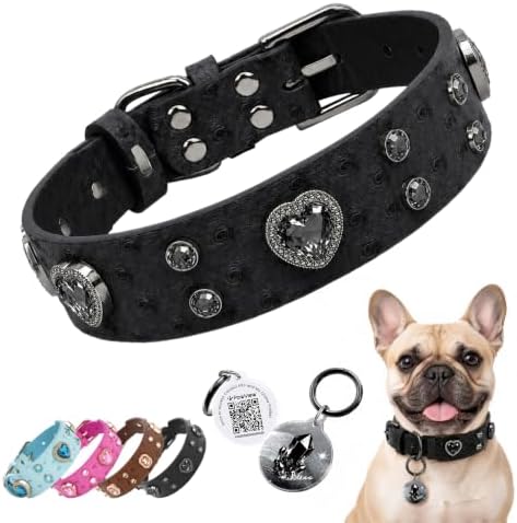 Rhinestone Dog Collar with QR ID Tag, Ostrich-Embossed, Black, S | Crystal Dog Collar with Ostrich-Embossed Texture, Adjustable Waterproof Fit and QR Scan Pet ID for Stylish Daily Wear