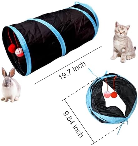 Cat Play Tunnel - Collapsible & Portable Cat Tube with Crinkly Material, Pompom/Sound Ball, Combinable Design for Indoor Cats Rabbits Hunting Fun (Black)