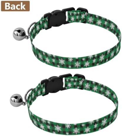 Snowflakes Green Buffalo Plaid Cat Collars with Bell 2 Pack Kitten Collars Adjustable 10.6 to 17.1 Inches