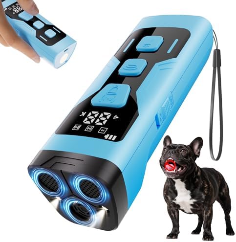 Anti Barking Device for Dogs, 3X Ultrasonic Dog Bark Deterrent Devices, 4 Frequencies 5 Training Modes 65ft Safer Alternatives to Bark Collars, Portable Design with Display for All Dogs (Blue)