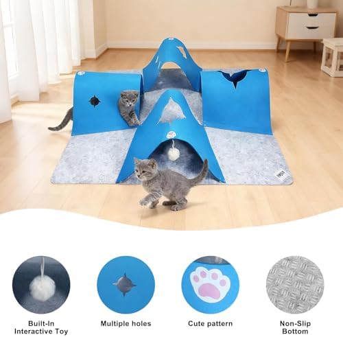 4-Way Cat Tunnels for Indoor Cats, Interactive Toys with Plush Ball