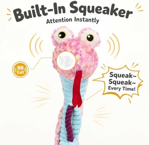 Dog Rope Toy Plush Squeaky Chew Tug of War Toy - Pink Snake