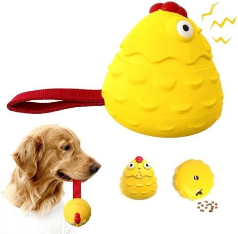 Interactive Dog Toy Ball - Squeaky Treat Dispenser, Pull Handle & Wobble Puzzle, Durable Natural Rubber Chicken Chew Toy for Boredom Relief, IQ Training for Small Medium Large Dogs