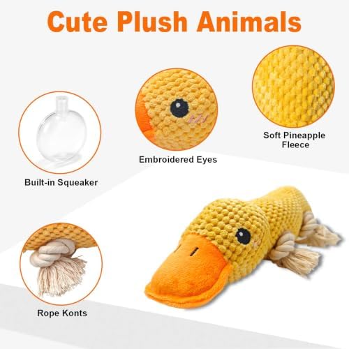 Yellow Duck Plush Chew Dog Toy, 11.2 in, Squeaker and Rope