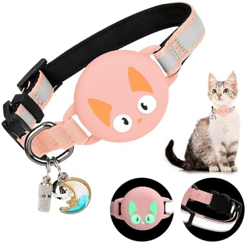 Reflective Breakaway Cat Collar for AirTag (1st & 2nd Gen) Holder - Waterproof Safety Buckle Kitten Collar with Bell, Luminous Lightweight GPS Tracker Case for Apple for Air Tag (Pink)