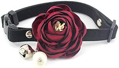 Peony Flower Cat Dog Collar Bow Tie - Suede Puppy Necklace with Bell Pearl - Chihuahua Yorkie Clothes Costume Outfits Accessory, Adjustable and Handmade (Red, Size S)