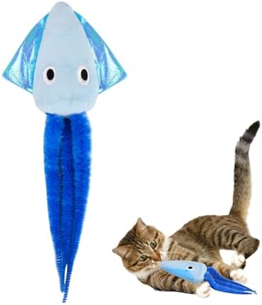 Andiker Cat Toy with Catnip, Squid Shaped Cat Chew Toy with Long Tentacle and Crinkle Paper Interactive Kitten Toy for Kittens & Adult Cats (Blue)
