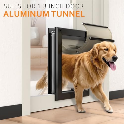 [Classicmacher] Heavy Duty Dog Door with Double Sliding Lock Panel, Aluminum Large Doggie Door for Exterior Door, Magnetic Double Flaps Do g Door for L arge and Medium Dog Up to 100 Lbs (Large,Black)