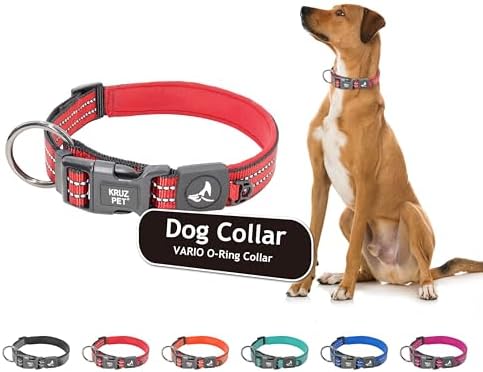 Kruz Dog Collar for Large Dogs (Width - 1", Length - 21"-25") Reflective Adjustable Pet Neck Band with Soft Padding, Heavy-Duty O-Ring, 100% Nylon Strap (Red, Large)